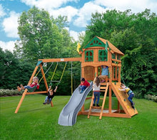 Gorilla Playsets Wood Swing Set with Roof, Climbing Wall, Swings, Grey Slide Amber
