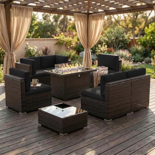 Vakollia 8 Pieces Patio Furniture Set with 44" Propane Gas Fire Pit Table