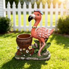 Outdoor Flamingo Planter Urn with Solar LED Lights, Resin Welcome Garden Statue Flower Container for Patio Porch Balcony Courtyard Walkway Lawn Entryway Decorative Yard Accent (Female Flamingo)