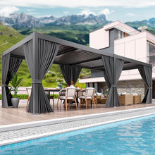 LEVELEVE 10' x 20' Louvered Pergola with Adjustable Roof, Outdoor Metal Patio Gazebo with Curtains & Netting, Gutter System, Large Hardtop Canopy for Garden, Deck, Backyard