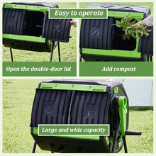 Garden Compost Bin, Outdoor Tumbling Composter, Integrated Sliding Double-Door Lid, Vent Design, Dual Chamber Waste Recycling Machine for Garden, Kitchen, Yard