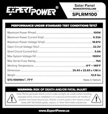 6-Pack ExpertPower 100 Watt 12 Volt Monocrystalline Solar Panel, Compact Design 35.43 X 22.83 X 1.18 in, High Efficiency Module PV Power for Battery Charging Boat, Caravan, RV, Off Grid Applications