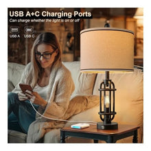 WOAITIANTIAN Desk Lamps Industrial Table Lamps Set of 2 with USB A+C Ports, Black Metal Nightstand Lamps for Bedroom Living Room
