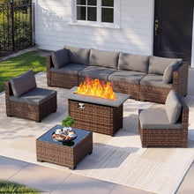 Qsun 8 Pieces Outdoor Patio Furniture Set with 44.9" Fire Pit Table, All-Weather Wicker Outdoor Patio Sectional Set with Coffee Table, for Garden Backyard