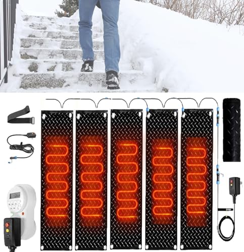 10inx30/35.4/48in Snow Melting Walkway Mat with Timer, Slip Rubber Heated Mat with Power Cord, 2 in/h Speed Snow and Ice Heated Pad for Winter Outdoor Stairs, Steps, Doorways, Walkways(5Pcs,10x30in/(2