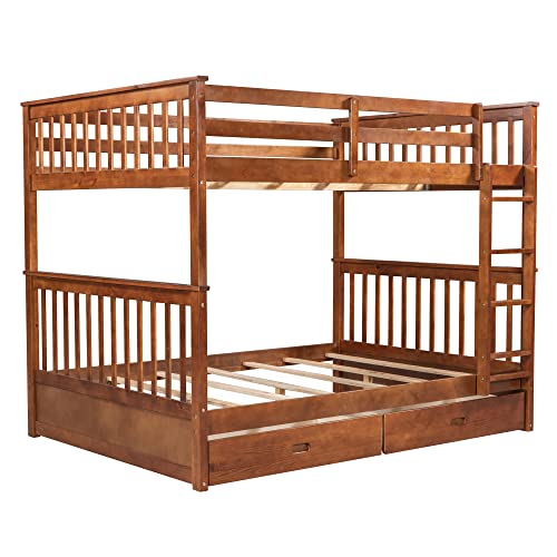 Jintop Full-Over-Full Bunk Bed with Ladders & Storage Drawers Walnut