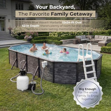 Blue Wave Marbella 12x24-ft Oval 52-in Deep Hard Sided Steel Frame Above Ground Pool with 6-in Steel Top Seats, 0.5 HP Sand Filter System, Ladder, Skimmer & Liner – 6,300 Gallon Cap for Family Use