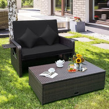 Tangkula Patio Rattan Daybed with 4-Level Adjustable Backrest, Outdoor PE Wicker Loveseat with Storage Ottoman & Folding Side Tray, Double Sunbed Lounger for Balcony, Backyard & Poolside, Black