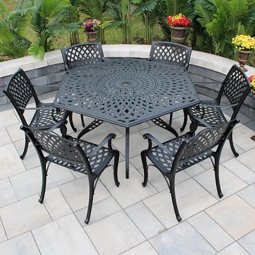Oakland Living Modern Ornate Outdoor Mesh Aluminum 63-Inch Black Hexagon Patio Dining Set with Six Chairs