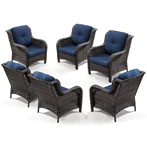 MeetLeisure Outdoor Wicker Chair Rattan Patio Dining Chairs Set of 6 PE Wicker Patio Chairs with 4 inch Seat Cushions Outdoor Patio Seating Chair for Garden, Backyard Swimming Pool, Balcony, Blue