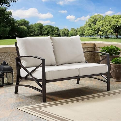 Afuera Living Outdoor Metal/Fabric Patio Loveseat, 54" W x 32" H x 30.5" D, Oil Rubbed Bronze Finish, Solution-Dyed Oatmeal Cushions, Weatherproof Steel, UV/Fade-Proof, Balcony or Porch Seating,