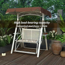 Outdoor Porch Swing with Canopy & Metal Frame, Waterproof Patio Swings with Seat Cushion & Pedals, Cup Holder Trays & Wear-Resistant Foot Pads for Garden Backyard(Brown)