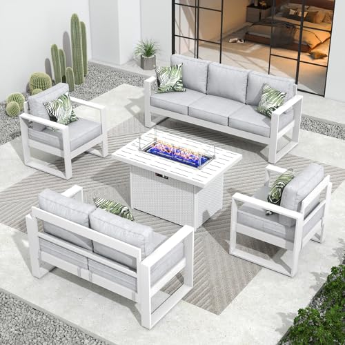 Vakollia 5-Piece Outdoor Aluminum Furniture Set with Fire Pit Table Light Grey