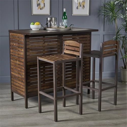 Noble House Leni Indoor Bar Set with Rustic Metal Accents Dark Brown