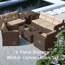 Nestl 6-Piece Patio Furniture Set with Storage Box, Brown Wicker/Beige Cushions