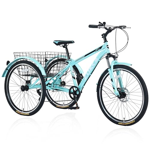 KOZYSFLER Adult Tricycle 7-Speed with 26-Inch Wheels, Wide Saddle, Rear Basket Green