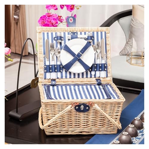 Wicker Picnic Basket for 4 with Insulation Layer, Hand-Woven Outdoor Fruit Basket with Utensils & Cutlery, Perfect for Family Picnics and Outdoor Dining