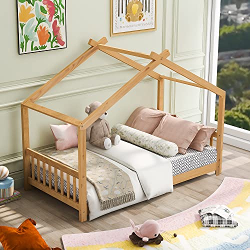 Generic Roof House Platform Bed Frame with Headboard & Footboard Twin Natural
