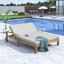 VilroCaz Acacia Wood Outdoor Patio Daybed Sunbed with Movable Wheels, All Weather Chaise Lounges Reclining Chairs, 2 People Seating for Poolside Garden Backyard (Grey-27)