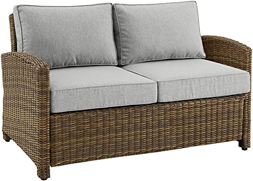 Crosley Furniture Bradenton Wicker Outdoor Loveseat Weathered Brown with Gray Cushions