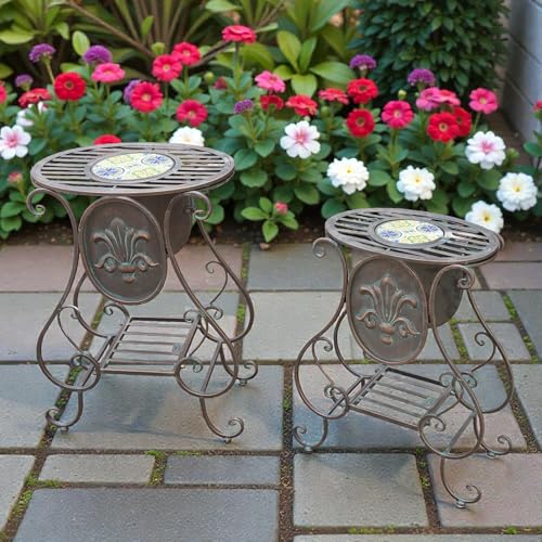 Zaer Ltd. Atlantis Collection Poseidon Set of 2 Mosaic Plant Stands, Metal, Fleur-de-Lis, Indoor Outdoor (Bronze)