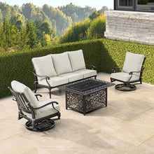 Black Aluminum Patio Fire Table Set with Deep Seating Sofa with Cushion and Two Club Chairs with Light Grey Cushions