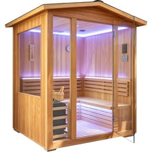 GDFStudio 59" 6000W 240V Outdoor Traditional Steam Sauna for 4 People, Japanese Cedar Wood Sauna Cabin with Metal Stove, Colorful LED Lights, Wooden Bucket, Hygrometer, Hourglass, Tea Cup Holders