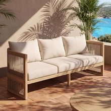 Christopher Knight Home Nadek Acacia Wood Outdoor 3 Seater Sofa with Cusion, Solid Wood Patio Sofa with Woven Rope Accents, Comfy Lounge Sofa for Patio Furniture Set, Light Teak+Beige