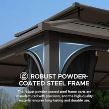 Sunjoy Hardtop Gazebo 12x16 ft Outdoor Heavy Duty Steel Frame Double Tiered with Ceiling Hook and Removable Netting Brown