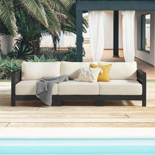 Alaterre Furniture Barton 3 Seater Outdoor Patio Sofa - Weather-Resistant Eucalyptus Wood Outdoor Couch with Thick Cream Cushions - Modern Outdoor Furniture for Patio, Porch, or Deck (Black)