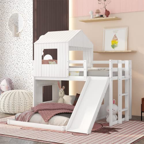 Harper & Bright Designs House Bunk Beds Twin Over Full with Slide White