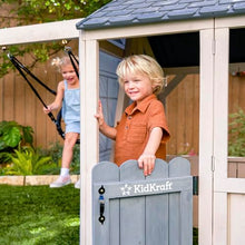 KidKraft Savannah Swing Wooden Outdoor Playhouse with Web Swing and Play Kitchen White/Gray