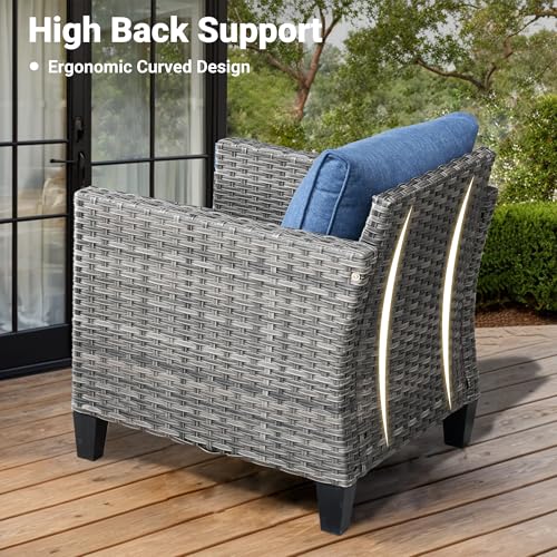 OvioS 5-Piece Patio Furniture Set Outdoor Wicker Rattan Sofa Couch with Chairs and Ottomans Denim Blue