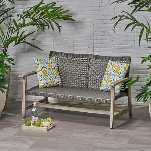 Seeheool Hampton Outdoor Acacia Wood Wicker Loveseat, Patio Furniture Conversation Set for Backyard