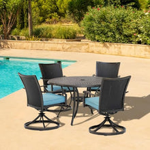 Hanover 5-Piece Outdoor Patio Dining Set for 4 with Cushioned Wicker Rocker Chairs and 48" Round Table Blue