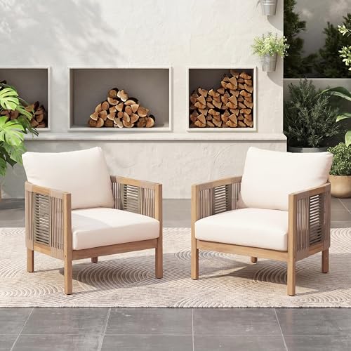 Christopher Knight Home Outdoor Acacia Wood Club Chair Set of 2, Curved Patio Armchair with Thick Cushions, Acacia Wood Lounge Chair Outdoor with Rope Design, for Garden Backyard, Teak+ Beige