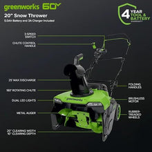 Greenworks 60V 20'' Brushless Snow Thrower, 1X4Ah Battery and Fast Charger Included