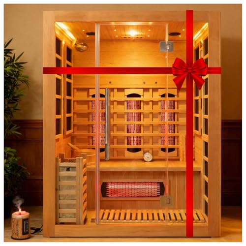 amocane Infrared & Steam Dual-System Sauna Room, 3-4 Person Canadian Hemlock Wood Sauna, Indoor Traditional Home Saunas Spa with 10 Heaters & 4.5KW Sauna Stove, Oxygen Bar, 70.87"x47.28"x74.86"