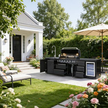 Modular Stainless Steel Outdoor Kitchen Island,All-in-One BBQ Grill Station with Sink,Storage Drawers, Side Prep Counter (114 IN Black Sink Fridge, 114", Propane Gas Grill)