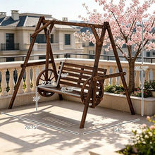 2-Seat Porch Swing with A-Frame Stand, Wooden Log Patio Swing Chair with Wagon Wheel Armrests, Adjustable Height, Gentle Swing Motion, Heavy Duty Fir Wood, 550 lbs Capacity for Garden Yard Deck