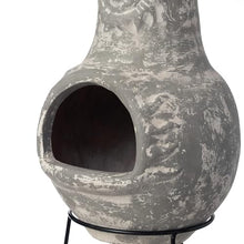 Outdoor Clay Chiminea Fireplace Sun Design Wood Burning Fire Pit with Sturdy Metal Stand, Barbecue, Cocktail Party, Cozy Nights Fire Pit, Gray