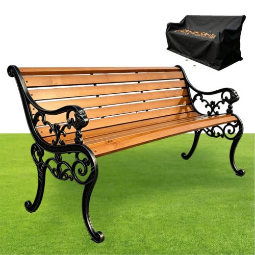 XYYZZZ Outdoor Garden Bench, 59in Weatherproof Patio Bench with Cast Iron Backrest, Solid Wood Seat & Protective Cover, 570 LBS Capacity, Easy Assembly Park Bench for Yard/Deck/Porch(Black)