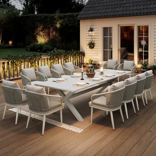 Aeeiua Outdoor Dining Table Set, 13 Piece Patio Rectangular Slat Table and Woven Rattan Chairs Dining Furniture Set for Outside Deck