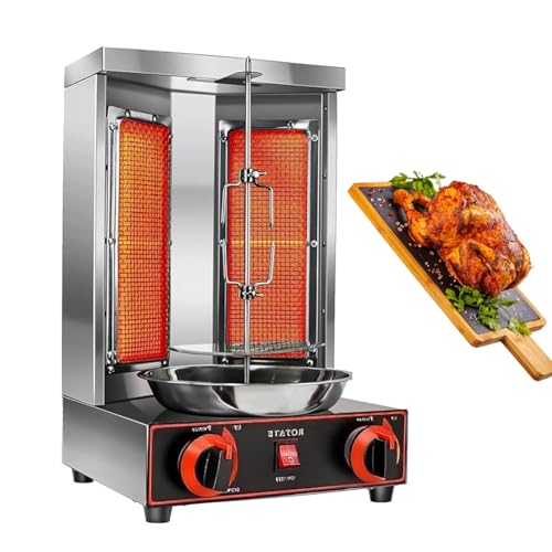 Shawarma Grill Machine, Chicken Shawarma Grill Machine with 2 Burners, Vertical Rotisserie Gyro Rotisserie Grill Machine, 360° Rotating Smokeless Grill,Gas