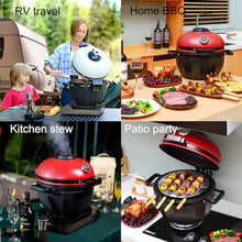 TT-YEL Multifunctional Ceramic Grill, 13-Inch Mini, with Thermometer, Lid, Handle, Small Home Simmering Grill, Portable Gas Grill for Cooking, Smoking and Baking,Red