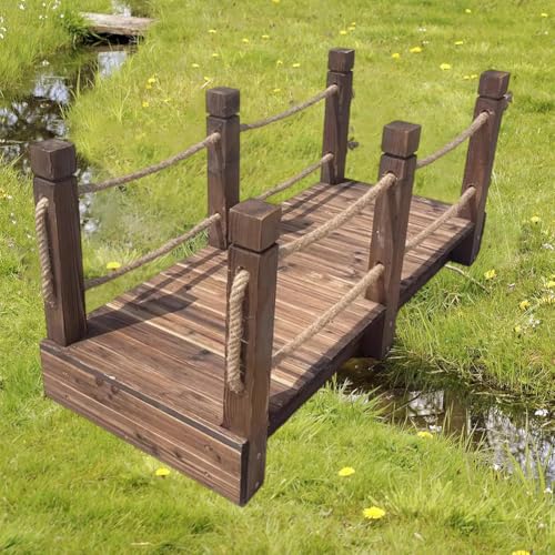TT-YEL Outdoor Wooden Garden Bridge with Rope Handrail, 4.6/5.9Ft Rectangular Footbridge, Vintage Country Pond Bridge Decoration, 300Kg Load-Bearing, Walking Landscape Bridge,L180×w80×h65cm