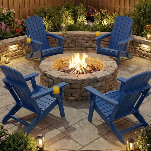 HGTRH Folding Adirondack Chair Set of 4, HDPS Weather Resistant Outdoor Patio Chair for Balcony Garden, 350lbs Heavy Duty, Wood Grain Texture, Fire Pit Seating Navy Blue