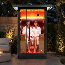 Gollense Outdoor Infrared Sauna 2-Person, Modern Design Canadian Hemlock and Black Aluminum Waterproof System, Wi-Fi Control, Full-Spectrum Infrared Panels, Ambient Light Strip, Speakers, 0-149 °F