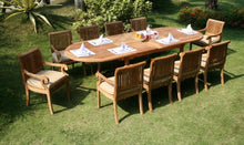 WholesaleTeakFurniture Grade-A Teak Wood 10 Seater 11 Pc Dining Set: 117" Double Extension Oval Table 10 Giva Arm/Captain Chairs #WFDSGVs