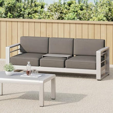 roomfitters Modern 3-Seater Outdoor Sofa with Aluminum Frame, Water-Resistant Cushions, Tray Insert for Versatile Seating, Durable Patio Sofa for Garden or Patio Use, Khaki